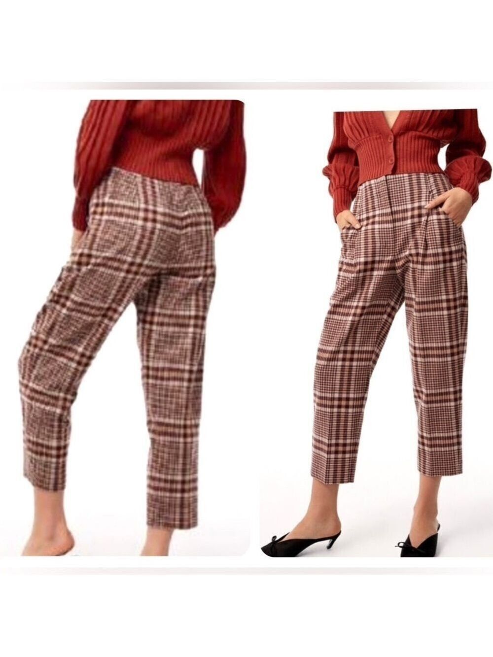 Aritzia WILFRED Plaid Chambery Pants Brown Wool Cashmere Blend Cropped Size 2
